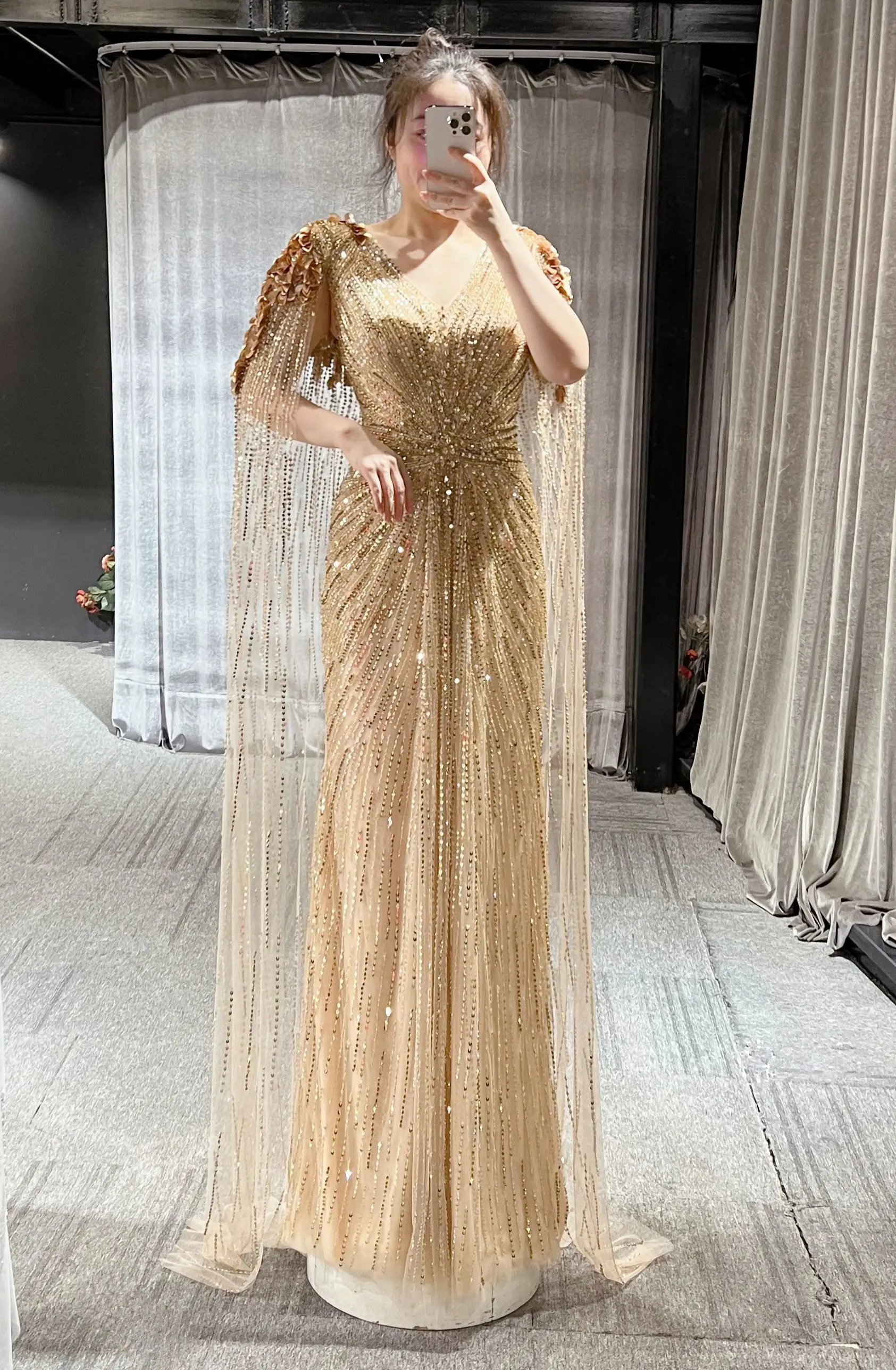 Real Pictures Gold Evening Dress V-neckline Full Beading Custom Made Floor  Length with Cape New Arrive 2025 - AliExpress 320