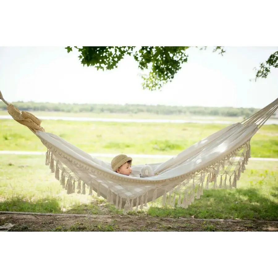 

Handmade Boho Large Brazilian Macrame Fringe 2 Person Double Deluxe Hammock Swing Net Chair for Beach, Yard, Bedroom, Patio, Por