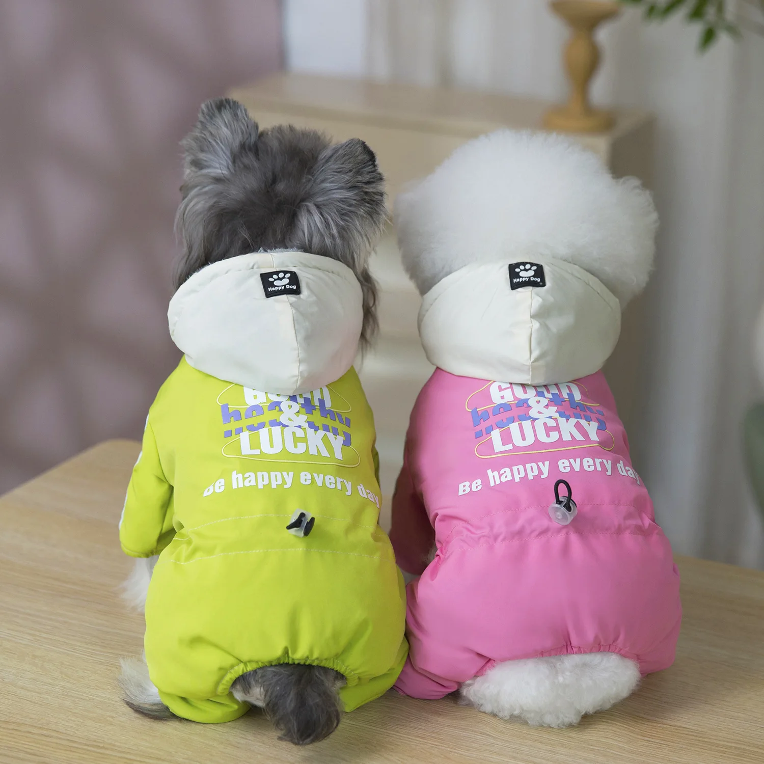 Autumn Winter Pet Dog Clothes Thickened Hooded Warm Four Legged Cotton Coat with Waist Drawstring Three Dynamic Colors