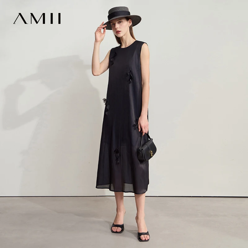 Amii 여성 드레스 미니멀리스트 솔리드 컬러 멀베리 실크 코튼 블렌드 민소매 3차원 스터드 플라워 드레스 12542104