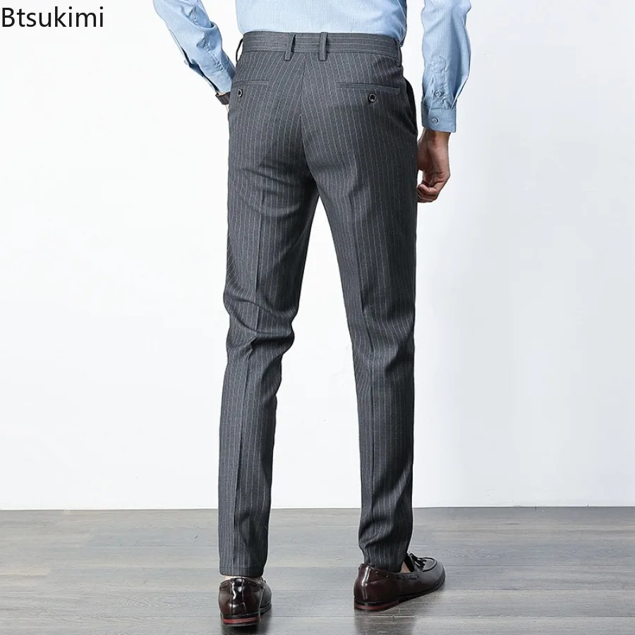 2024 New Men's Suit Pants Fashion Business Casual Straight Pants Korean Style Slim Fit Striped Non-ironing Suit Trousers for Men