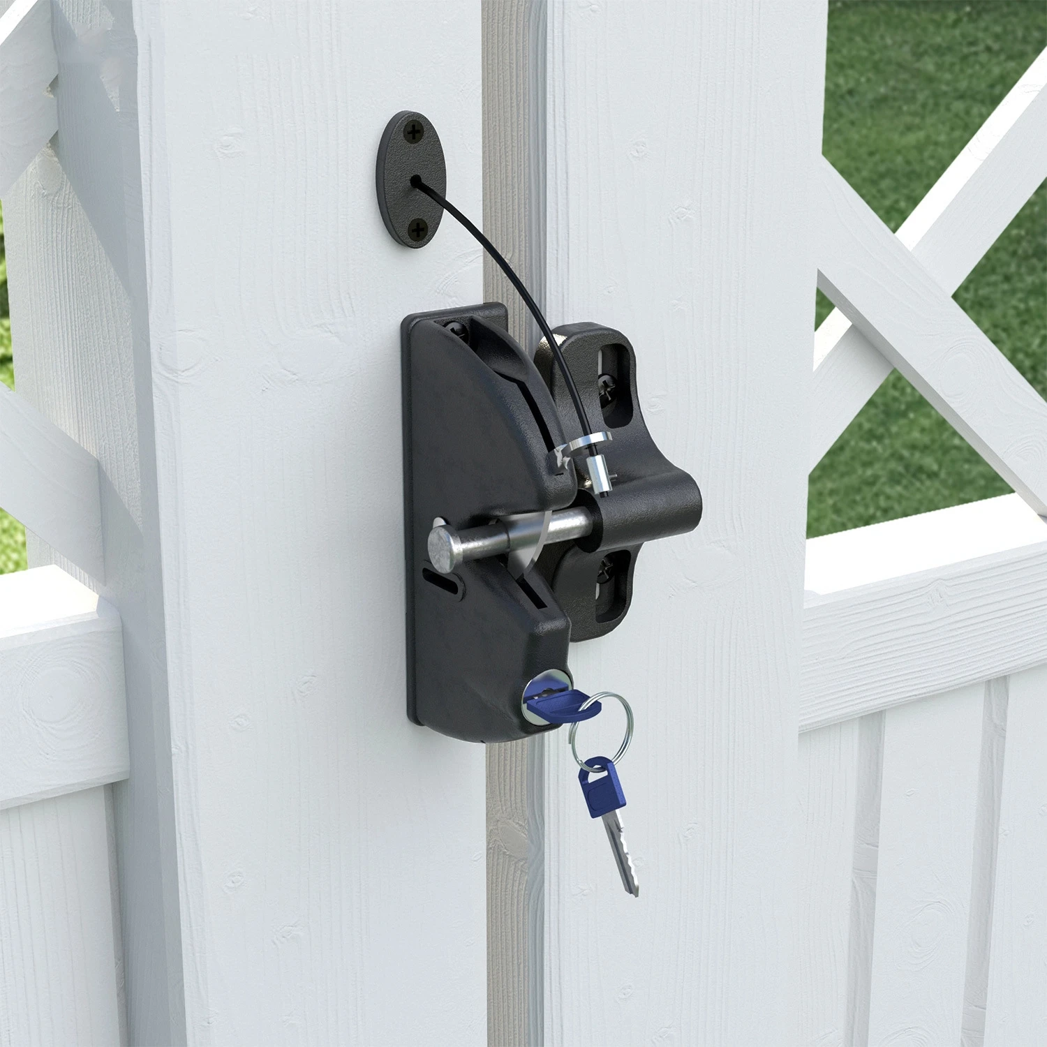 1PC フェンスドアロックキー付き、セルフロックゲートラッチ、スプリングプルワイヤー付き屋外木製フェンス庭牧草地用