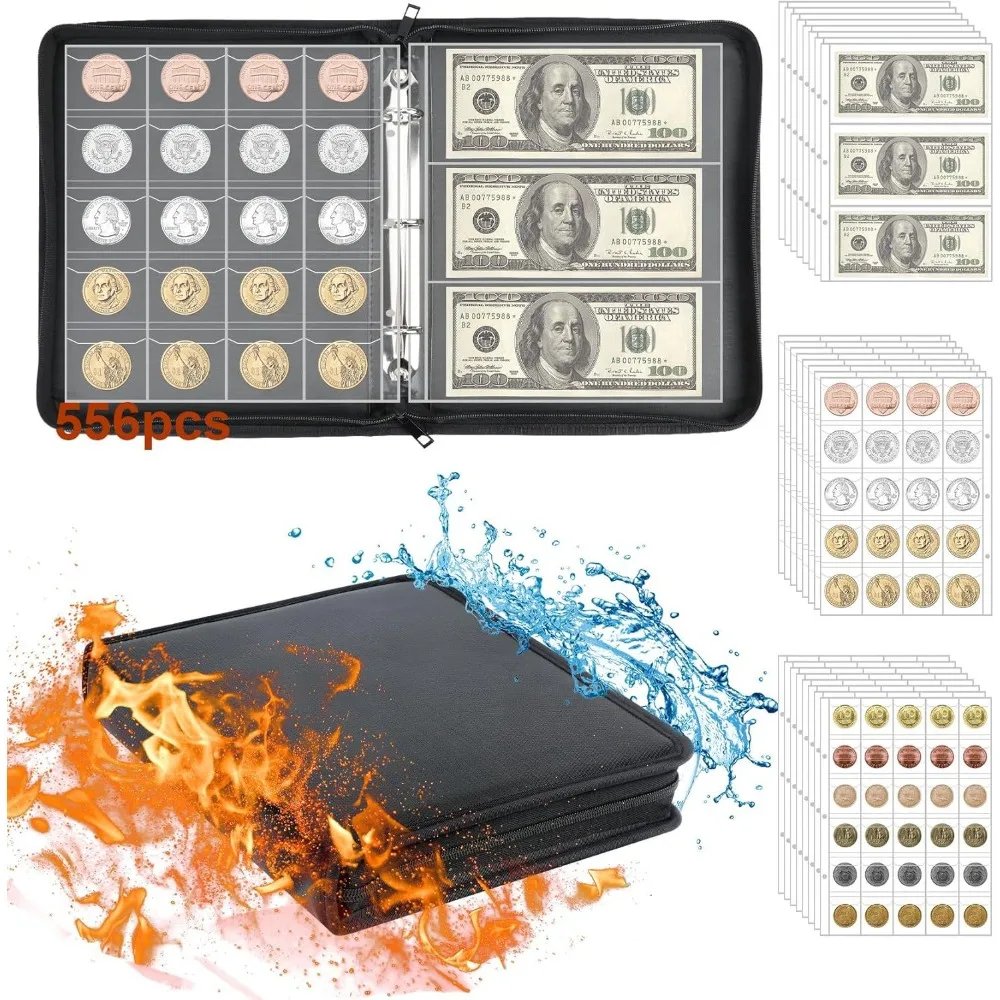 360 Pocket Coin Organiser Currency Sleeve Album Fireproof Coin Collection Bookends Money Clip for Currency Collection Supplies