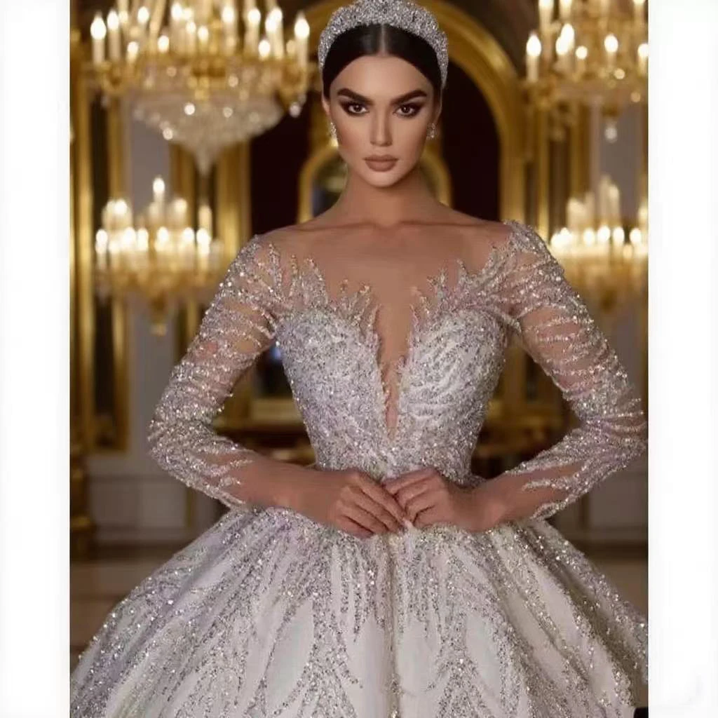 

Bride Wedding Dress Glitter Fully Beaded With Organza Ball Gown Full Sleeve Bride gown Lace Up Customized