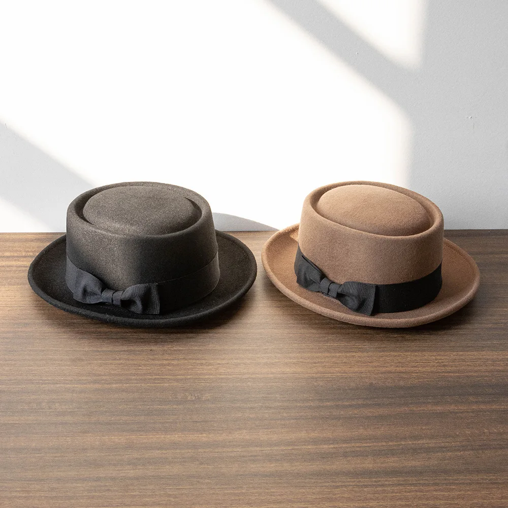 

Spring and Autumn Casual and Fashionable Pork Pie Style Wool Top Hat Outdoor Sun Shade Warm British Retro Felt Hat