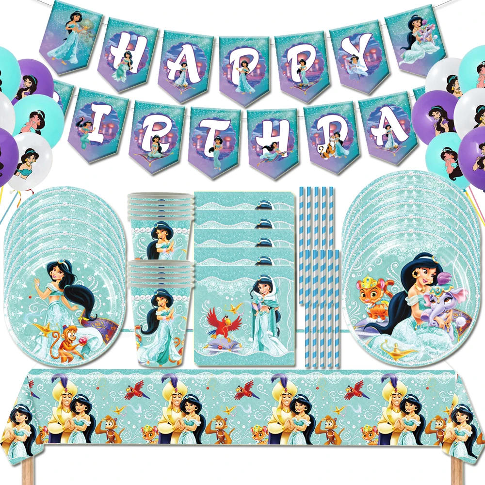 Princess Jasmine Disney Theme Girls Birthday Party Banner Paper Tableware Cup Plate Balloon Backdrop Baby Shower Supplies