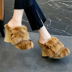 Fox Fur Women Slippers Closed Toe Thick Sole Platform Wedge Shoes Winter Warm 11CM High Heels Outside Furry Mules Dress Pumps