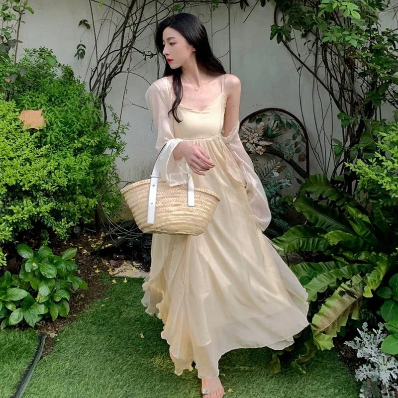 2025 verão 2 pçs sexy cinta de espaguete fairycore irregular em camadas vestido para mulheres coreano fino ajuste e emagrecimento temperamento vestido