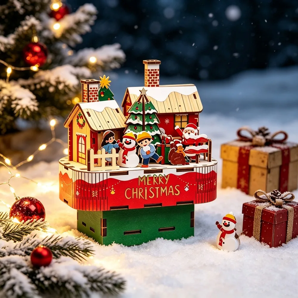 Christmas Tree Wooden Music Box 3D Puzzle Decompression Toy Hand Assembled Miniature House Lighting Rotating Music Box Ornament