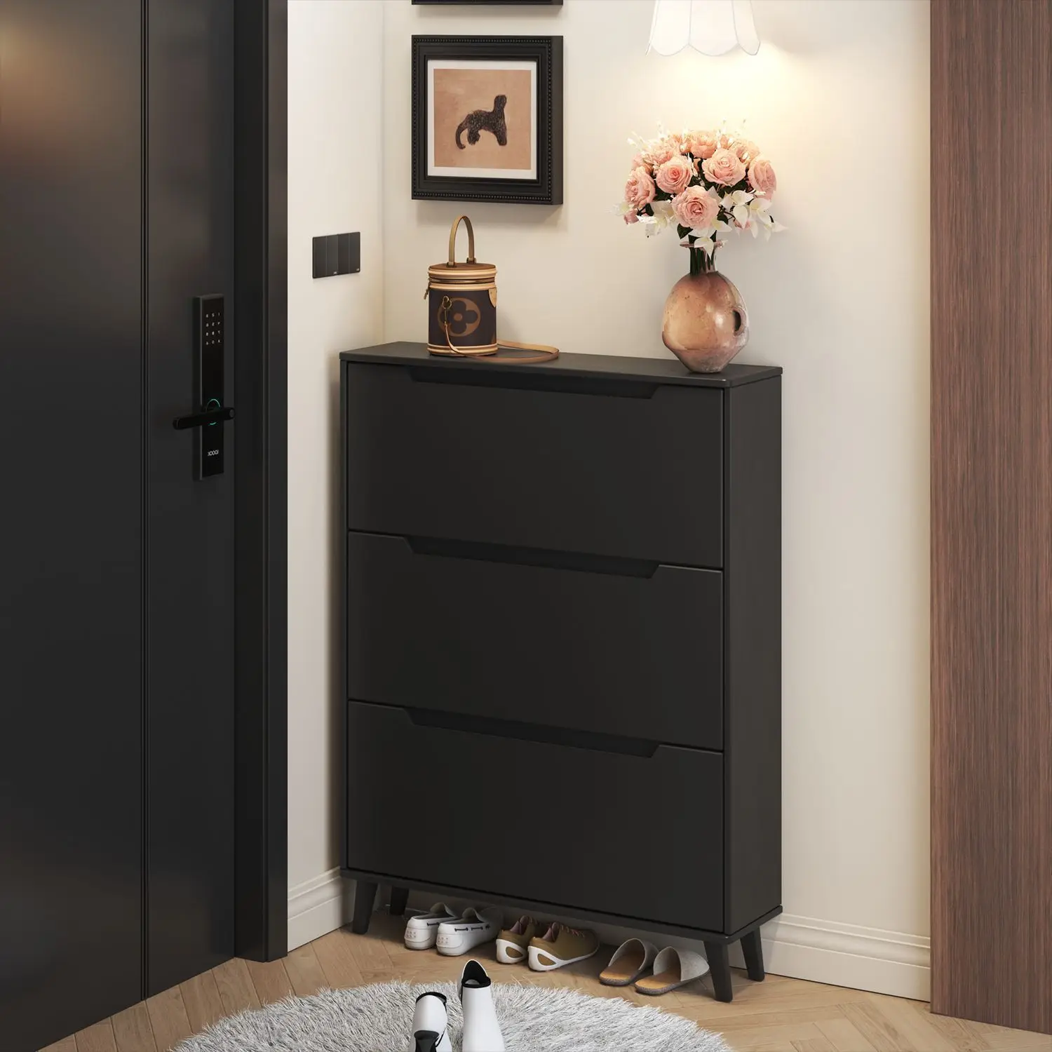 Oak tipping bucket shoe cabinet for home use, very narrow 18cm locker at the door, large capacity entry