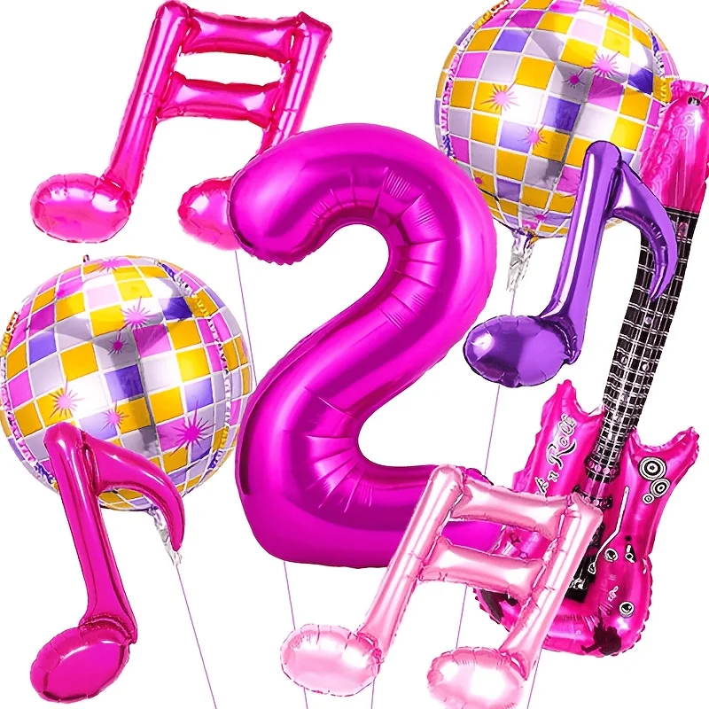 8 Stück Musiknoten-Gitarren-Discokugel-Ballons 32 Zoll Rosenrote Zahlen 1-9 Ballon-Set Musik-Themen Geburtstagsparty-Dekorationen – Detail 1