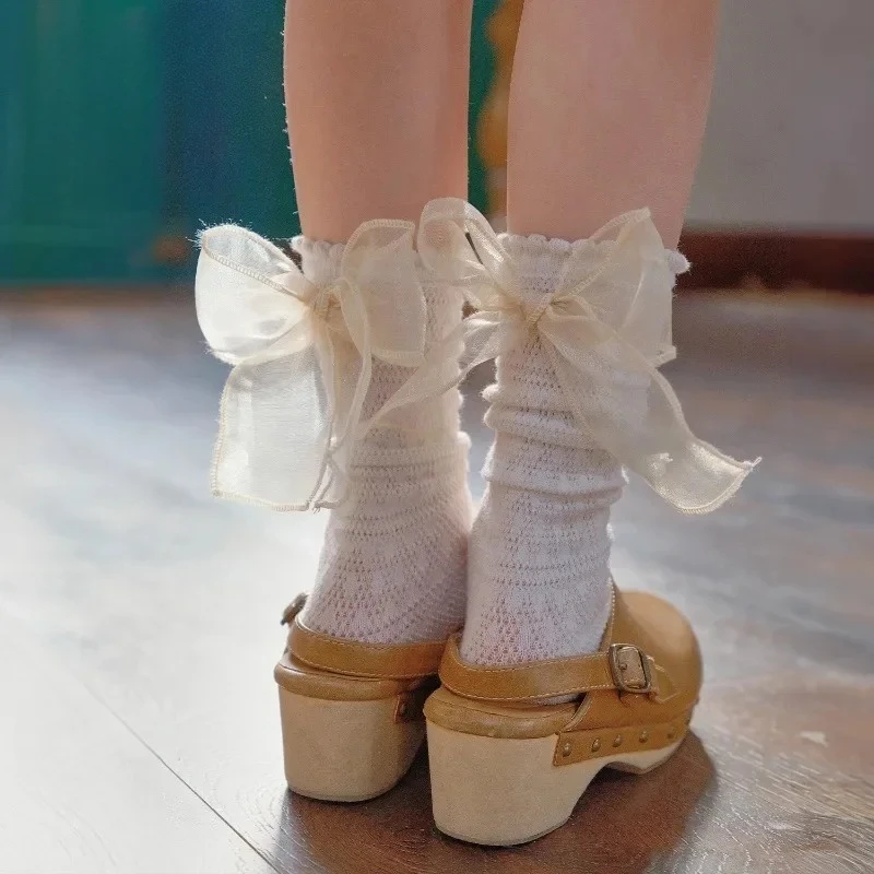 Summer Ultra-thin Bow Ribbon Calf Sock for Kids Girls Jacquard Korean Fashion Bow Ribbon Children Soft Comed Cotton School Socks