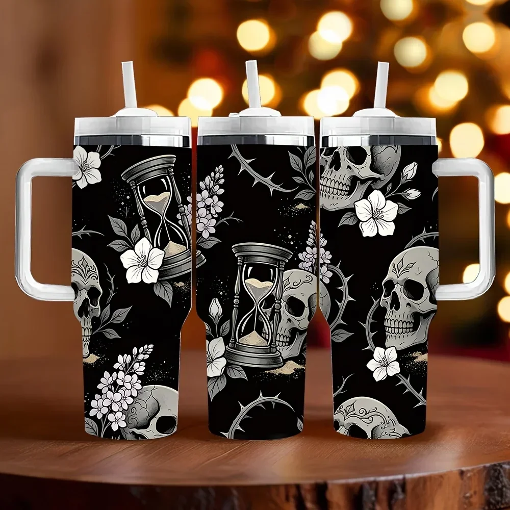 40oz Long Lasting Insulated Tumbler with Handle, Skull Flower Hourglass Print, Perfect Holiday and Birthday Gift, Suitable for Daily Use and Outdoor Scenarios