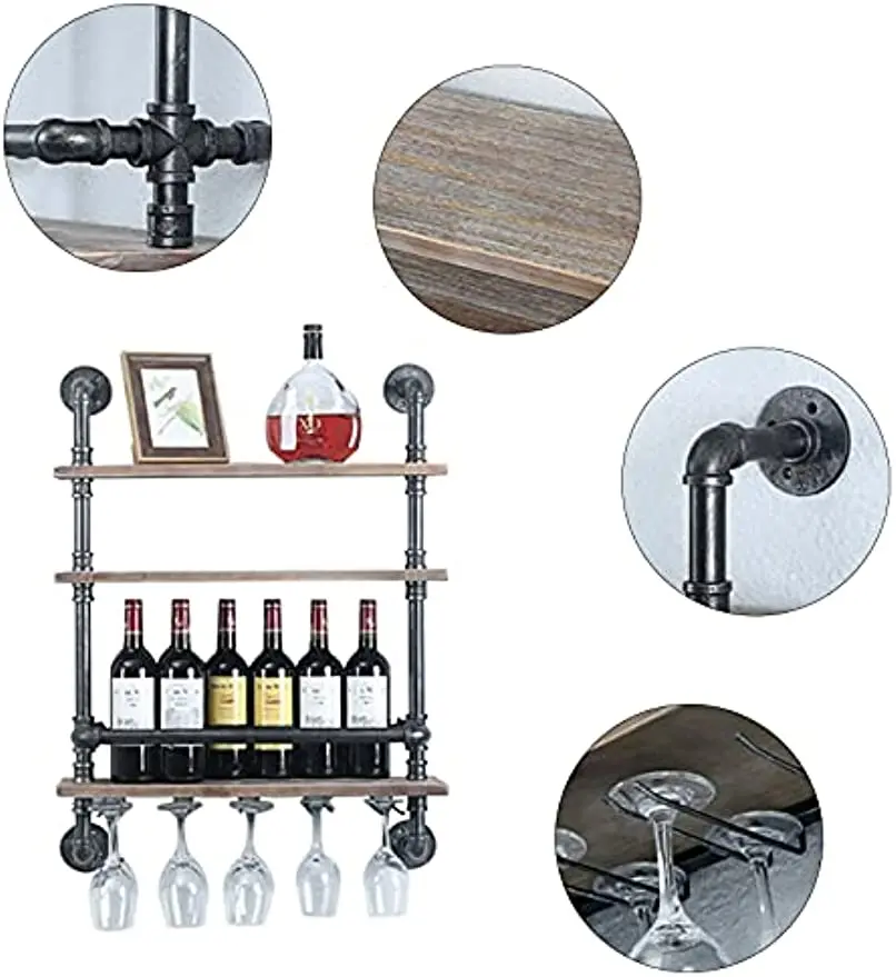 Industrial Pipe Shelf Wine Rack Wall Mounted with Stem Glass Holder 3-Tiers Rustic Floating Bar Shelves Wine Shelf Bar Cabinet