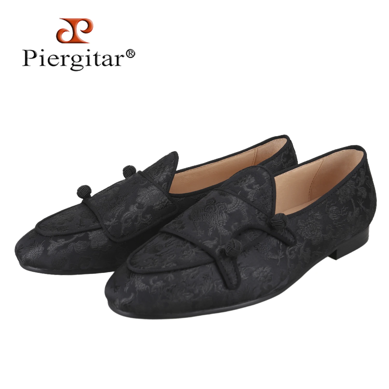 

Piergitar черные атласные туфли с двумя точками и принтом дракона с узором пейсли и сферическими пуговицами ручной работы, мужские лоферы в китайском стиле ретро