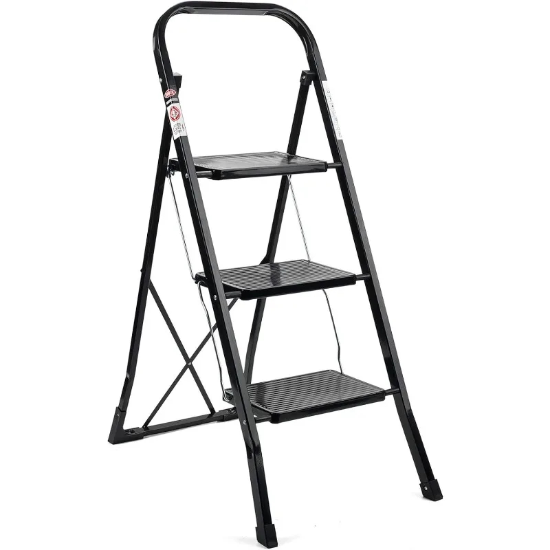 Black 3 Step Ladder Folding Steps Stool Ladders for Adults with Handgrip Anti-Slip Sturdy and Wide Pedal