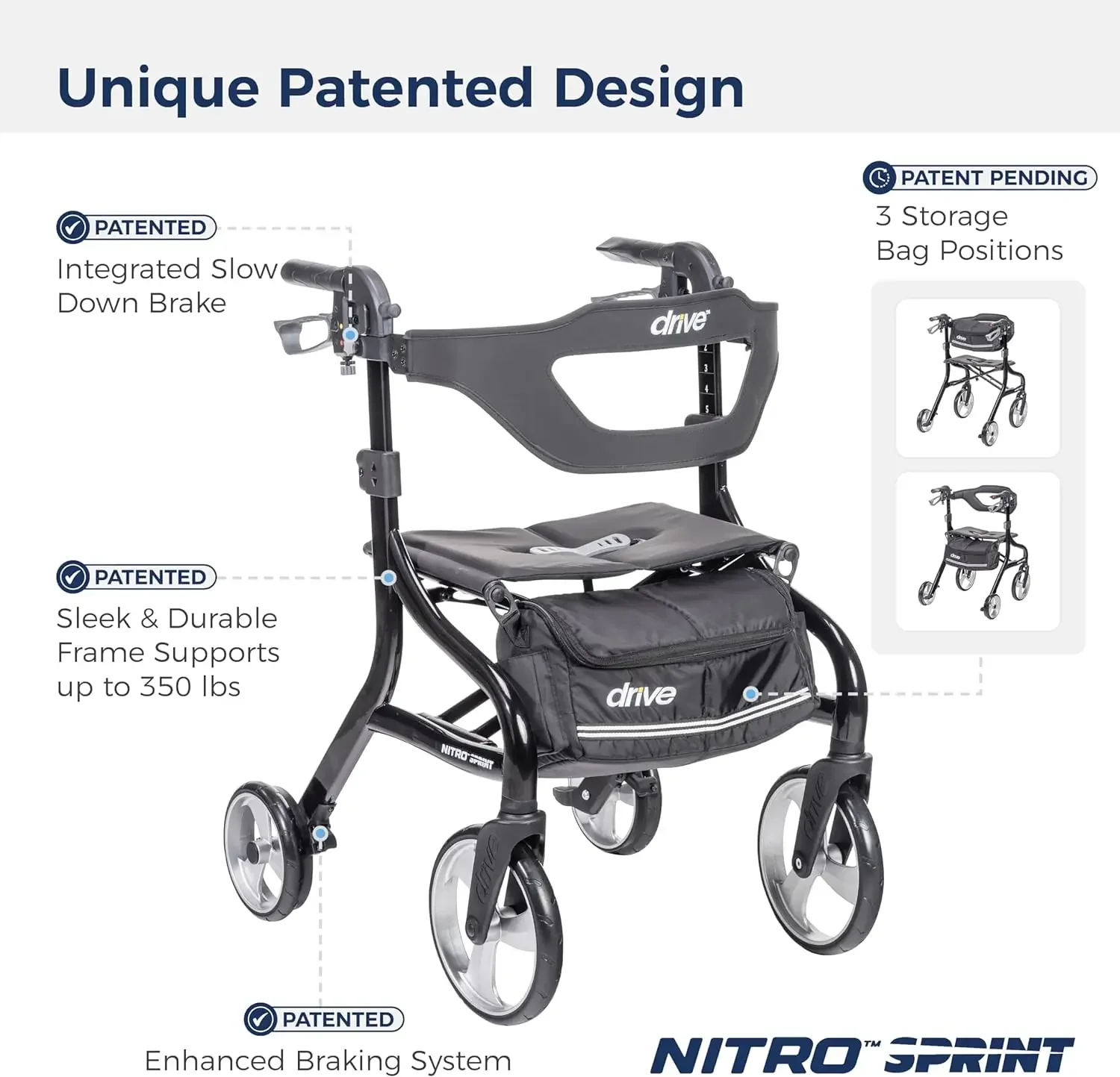 Nitro Sprint Foldable Rollator Walker with Seat, Standard Height Lightweight Rollator with Large Wheels