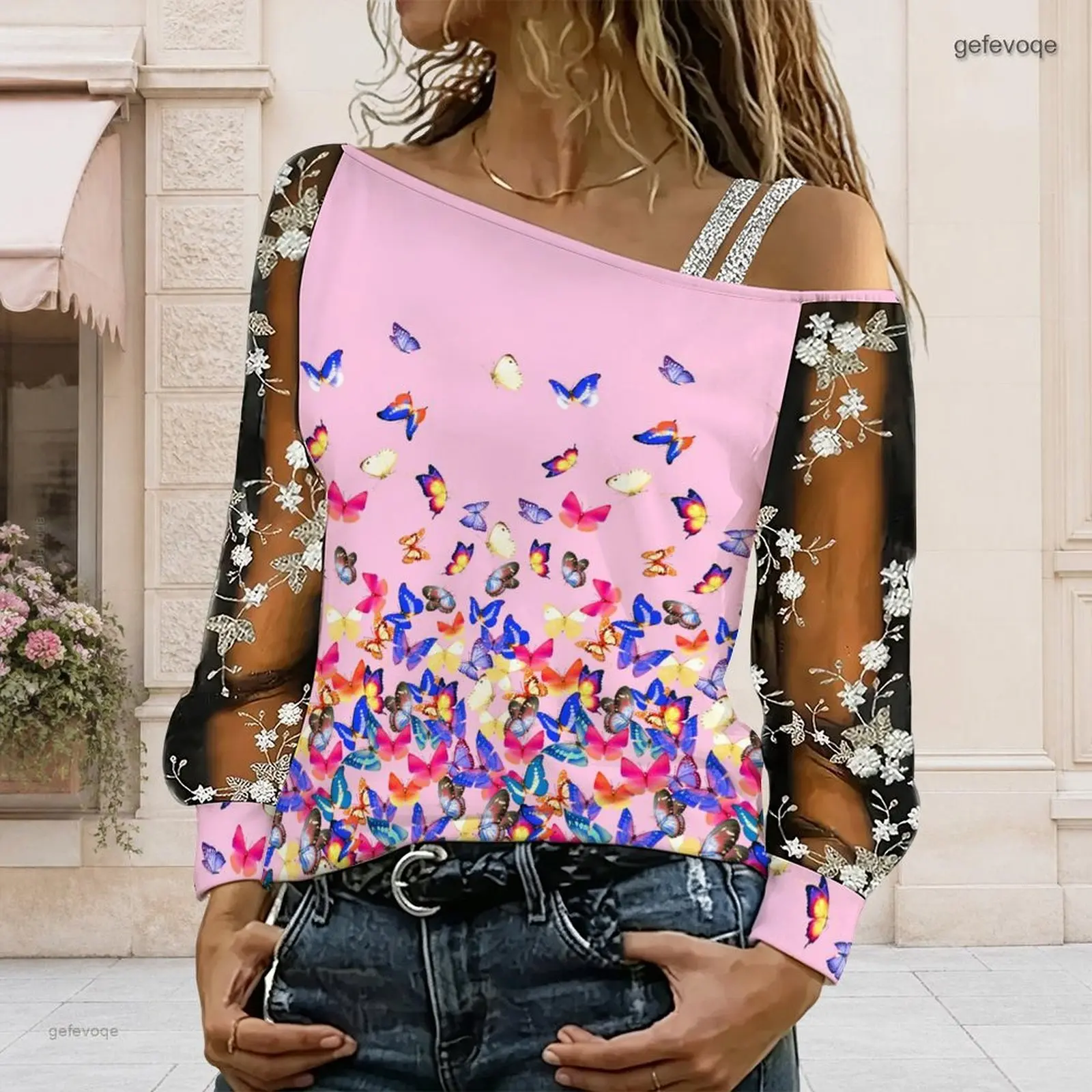 Women Off Shoulder Blouse Asymmetric One Shoulder Top Lace Floral Mesh Long Sleeve Sling Detail Loose Casual T Shirt
