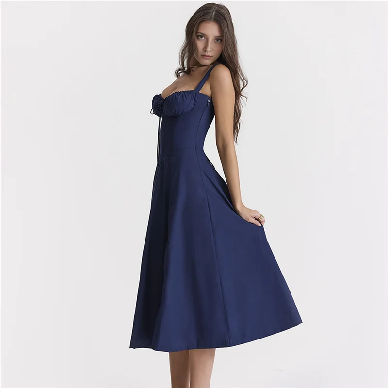 Damskie letnie sukienki midi z gorsetem w stylu boho, codzienne sukienki na ramiączkach spaghetti, sznurowane, zwiewne sukienki plażowe w kształcie litery A.