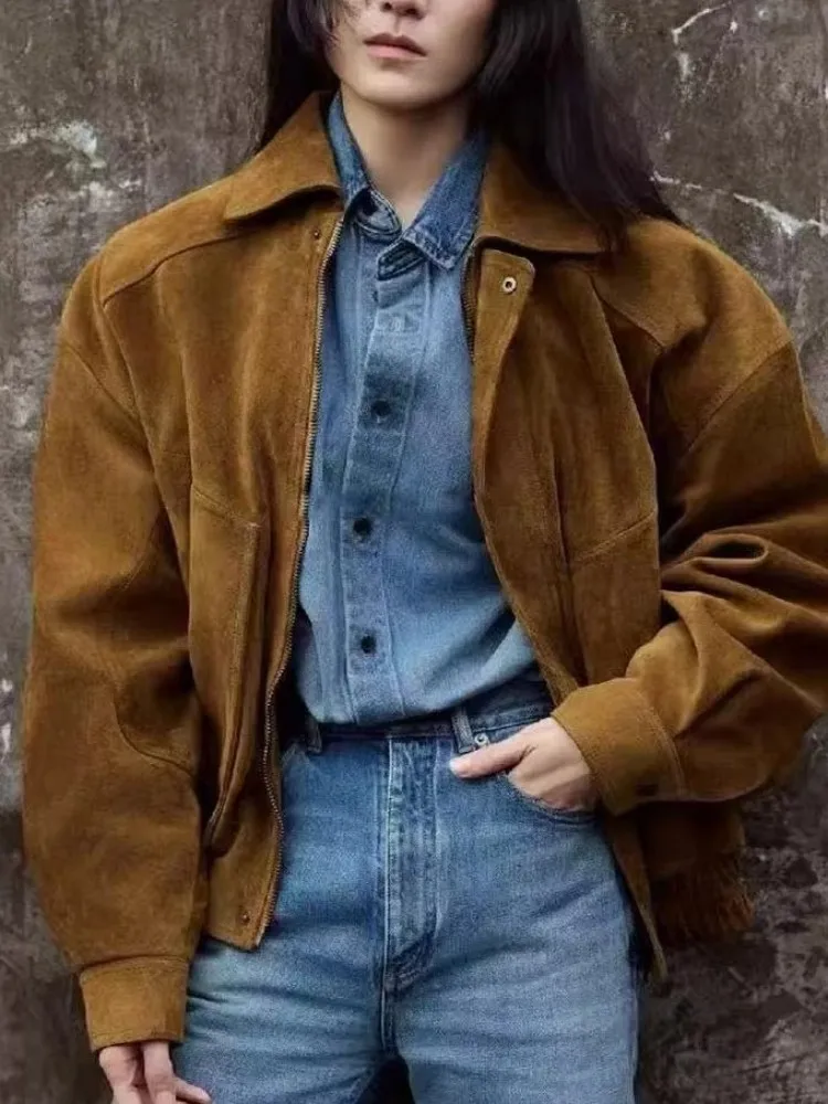 Hohe Qualität Frauen Echtes Leder Jacke Lose Fit Herbst Vintage Motorrad Kurzen Mantel Zipper Wildleder Schaffell Casual Oberbekleidung
