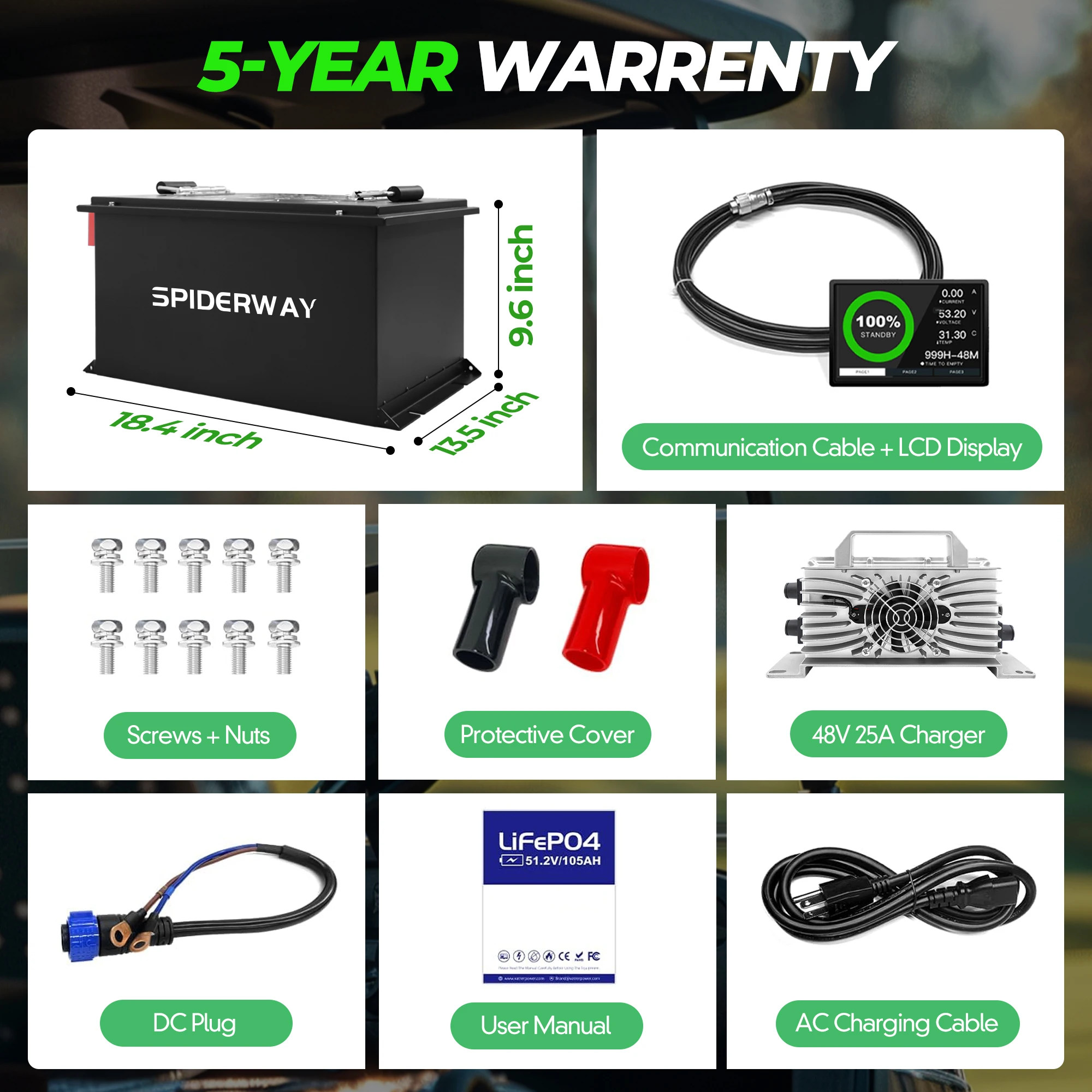 

Литиевая батарея для гольф-кара 48В 105Ач, с зарядным устройством 25А, встроенным BMS 200А, поддержкой мобильного приложения, сенсорным дисплеем, 6000+ циклов