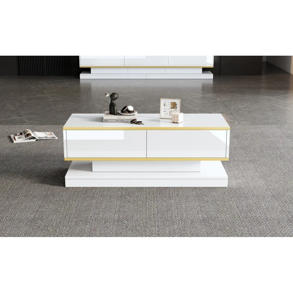 Moderner TV-Ständer mit 3 Schubladen, warmweißes Lowboard, goldener Rand, Wohnzimmer-Aufbewahrungsschrank – Detail 32