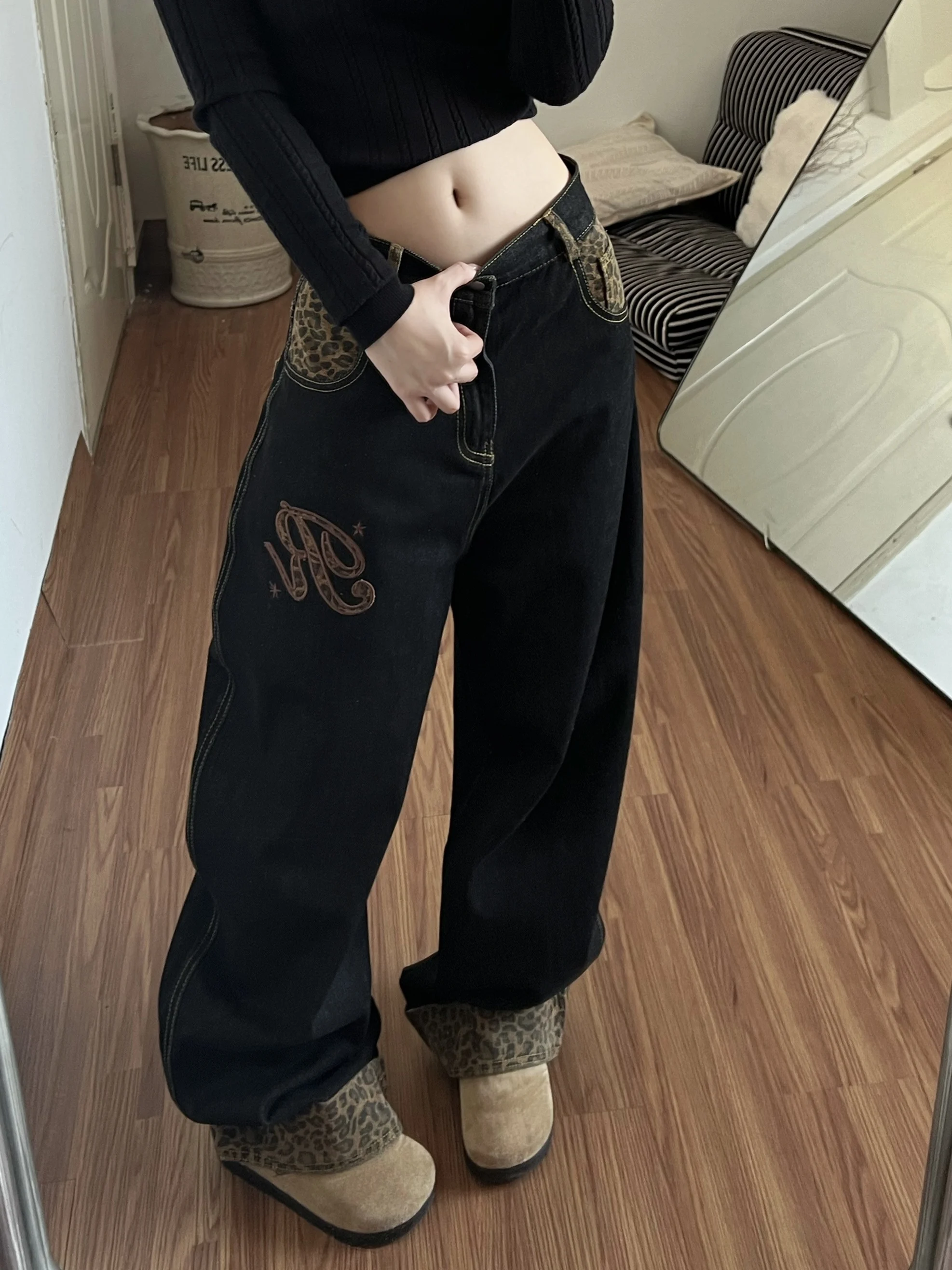 

Loose Fit Leopard Print Patchwork Wide Leg Jeans Women's Autumn Winter New Sle Casual High Waist Denim Pants Floor Length