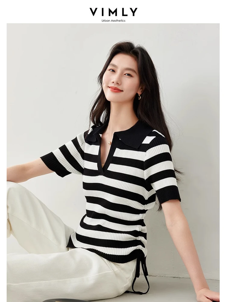 Vimly Classic Black White Striped Short Sleeve T-shirt 2024 Summer New Polo Collar Side Drawstring High Stretth Knit Tops 30118