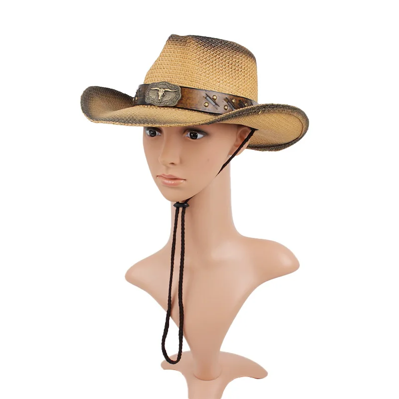 Vintage British-style Jazz Hat, Outdoor Sunshade Western Cowboy Straw Hat, Cow Head Hat