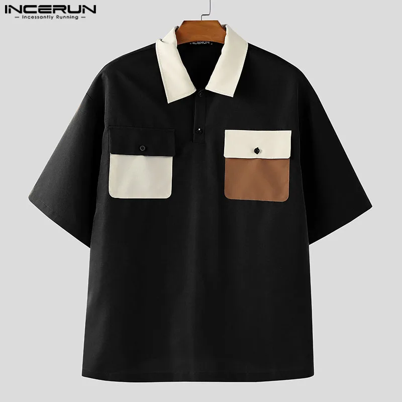 

INCERUN Мужская рубашка в стиле пэчворк с лацканами и короткими рукавами, свободная мужская одежда, летняя уличная одежда в корейском стиле, 2025 г., повседневные мужские рубашки