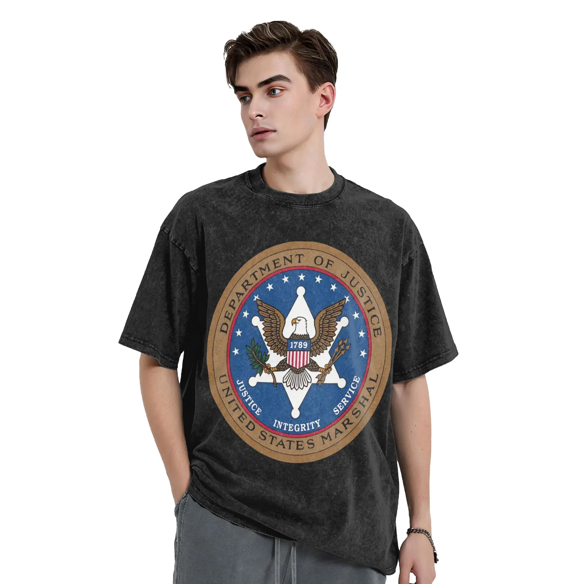 POLICE US MARSHAL UNITED STATES MILITARY SPECIAL FORCE DEPARTMENT Washed T-Shirt Men O Neck Popular Tees Print Big Size Clothes
