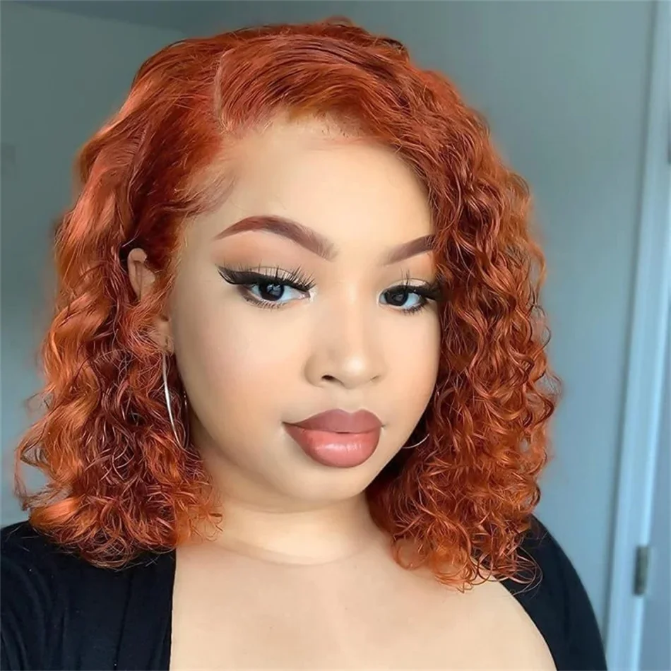 Deep Wave 13x4 Lace Frontal Wig 200% Density Ginger Bob Human Hair Wigs Ocean Curly Lace Wigs for Women Humains