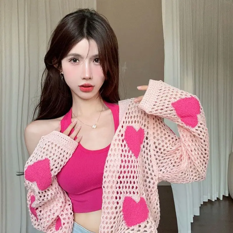 Y2k Two-piece Dopamine Sexy Hanging Neck Suspenders Undershirt Cardigan Women Summer Sleeveless Jacket Barbie Pink Top New