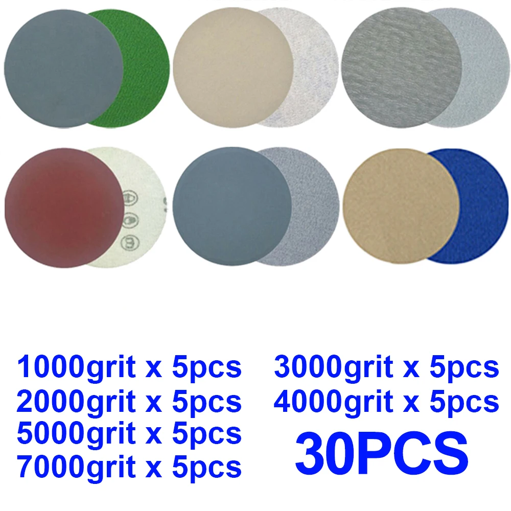 30pcs Silicon Carbide Sanding discs Waterproof 1000/2000/3000/4000/5000/7000 Grit Back Flocking Sanding Paper Tool Water Sand