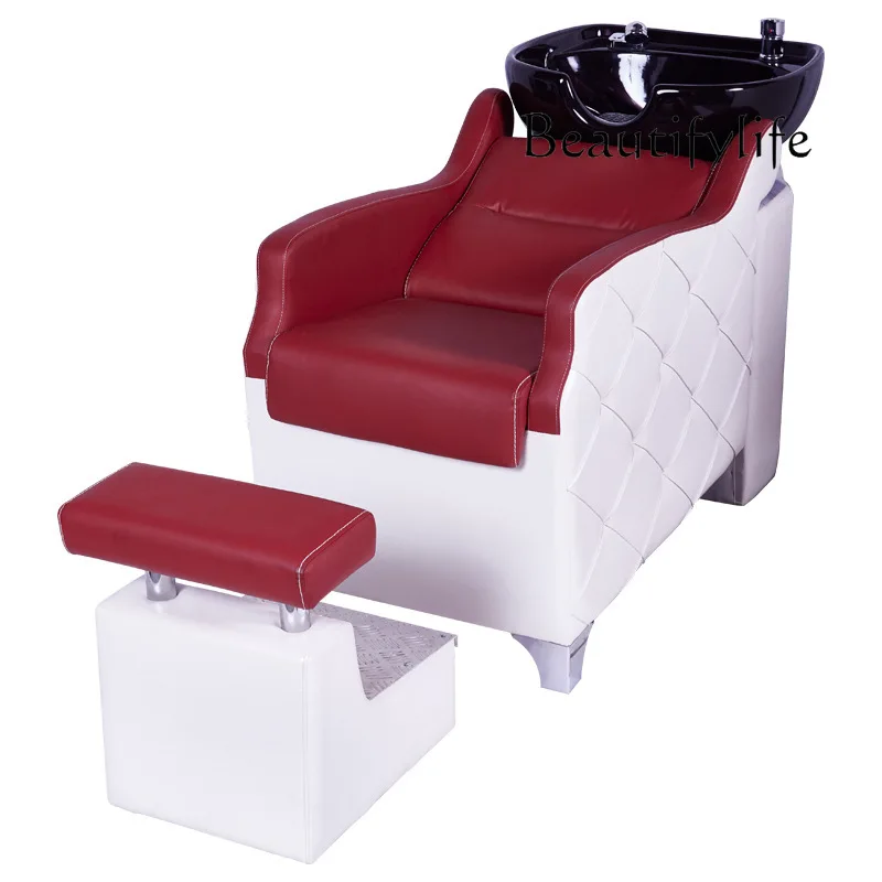 

Hair treatment shampoo bed Barber shop Multifunctional flush bed Half lying ceramic basin Shampoo chair with pedals