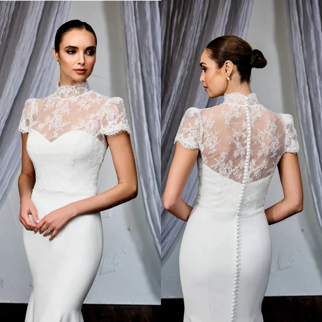Luxury White Sheer Lace High-Neck Bridal Bolero with Cutout and Pearl Button Back Women Wedding Capelet Customized J26549