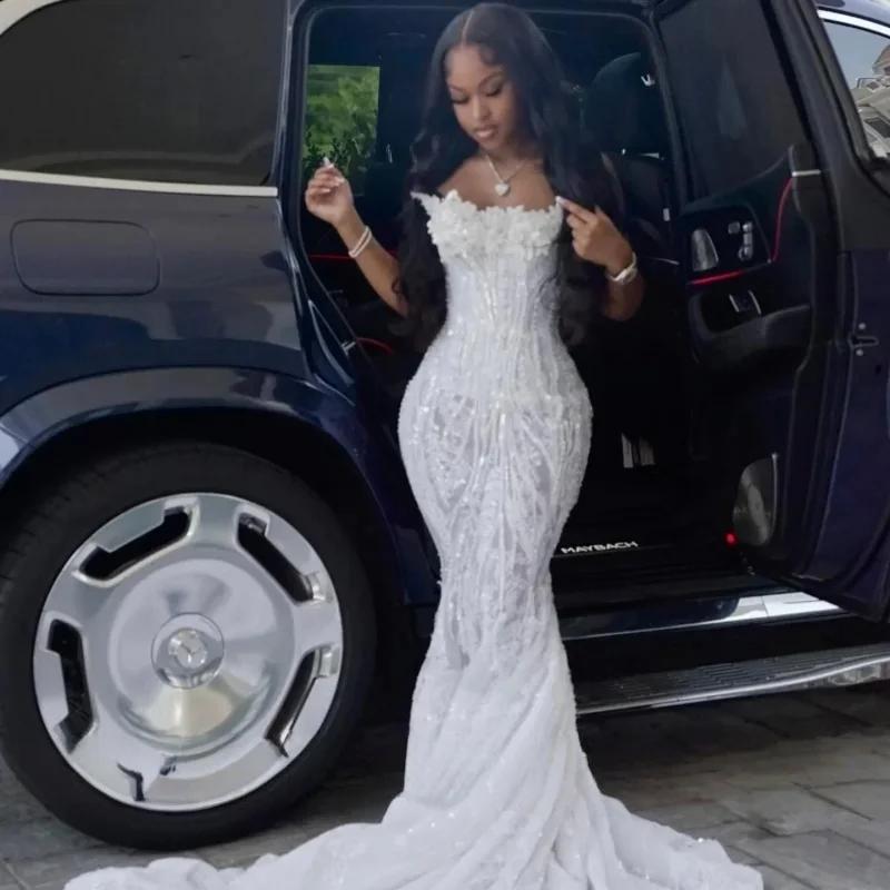 White Long Prom Dresses For Black Girls Sheer Lace Beaded Birthday Party Dresses African Evening Gown Robe De Customized