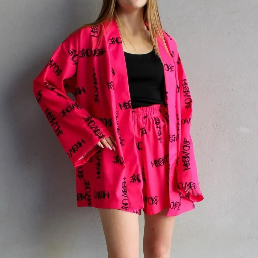 Shorts And Short Sleeves Fashion Loose Print 2 Piece Sets Woman Outfits Casual Lace-Up With High Waist Set Commuting Suit