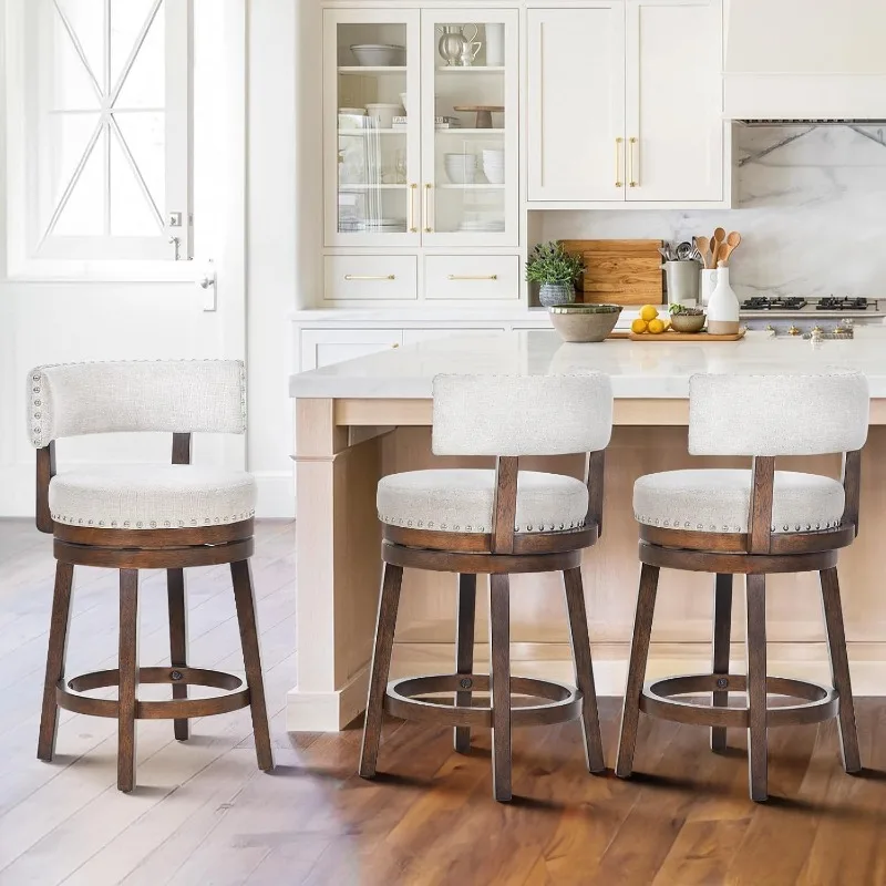 Swivel Bar Stools Set of 3, 25 Inch Wood Swivel Barstools with Back, Counter Height Bar Stools, Modern Upholstered Barstools