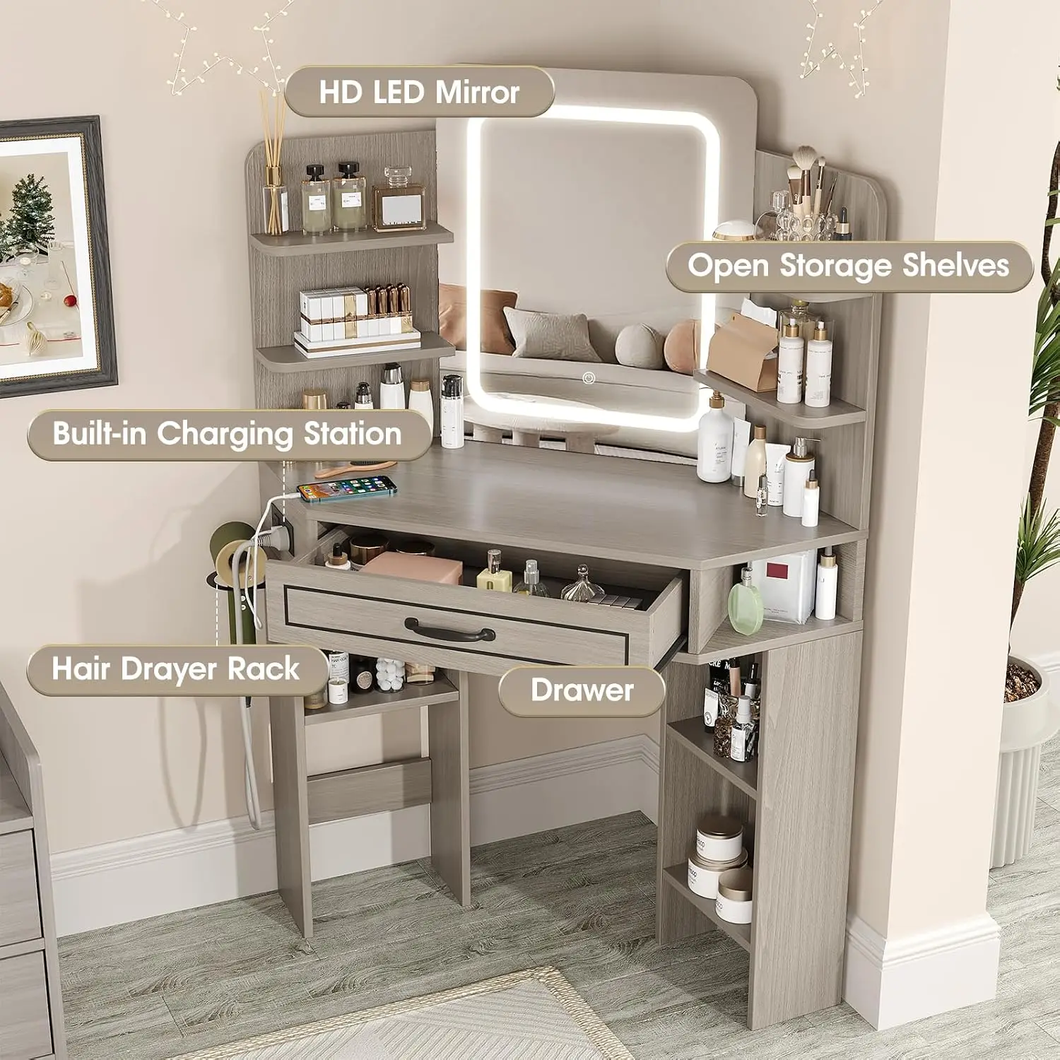 Makeup Vanity Desk, Corner Vanity with Large LED Mirror,Lots Open Shelves,Gray Vanity with Charging, Customized