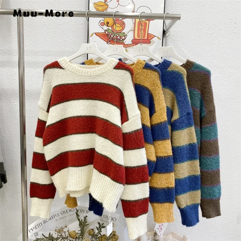 

2023 Winter Casual Knitting Long Sleeve Retro Pullovers For Women Vintage Loose Fit Jumpers Striped Print Knitwear Sweater Top