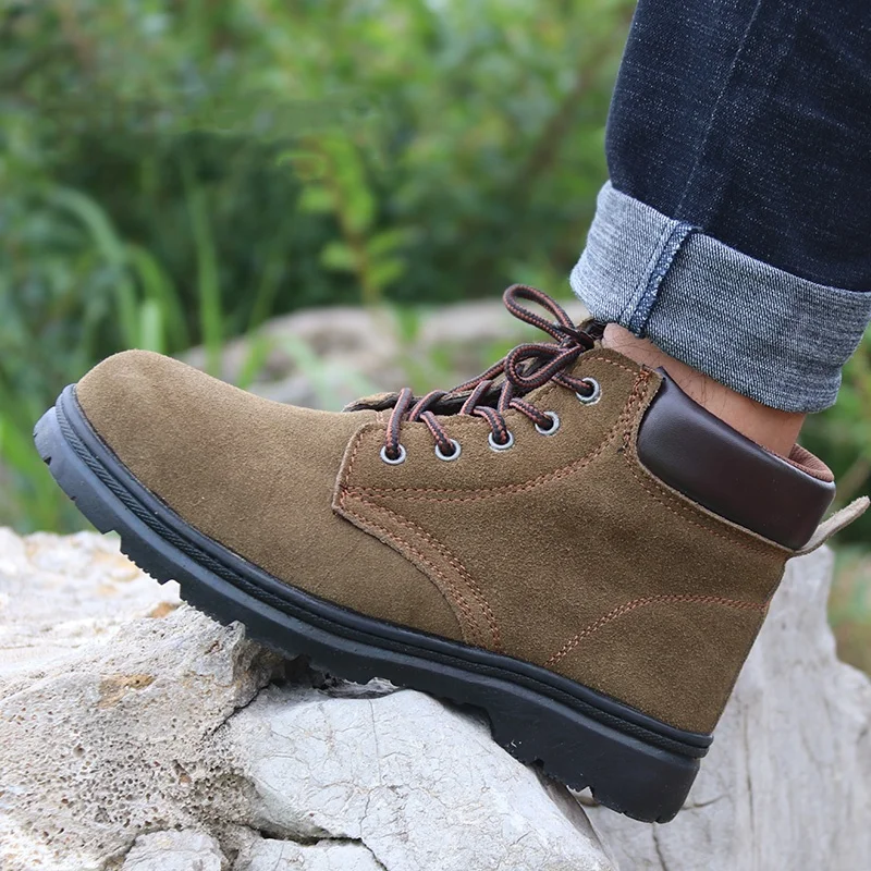 

Мужские повседневные рабочие ботинки из коровьей замши, туфли со стальным носком, коричневые осенне-зимние защитные ботинки, рабочие ботильоны, защита
