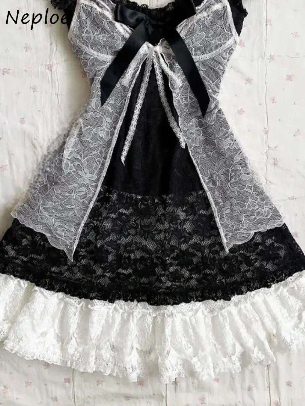 

Neploe Y2K Sweet Bow Lace Patchwork Sling Dress Panelled Big Swing Slim Waist Robe Women Vintage Japanese Lace Up Casual Mujer