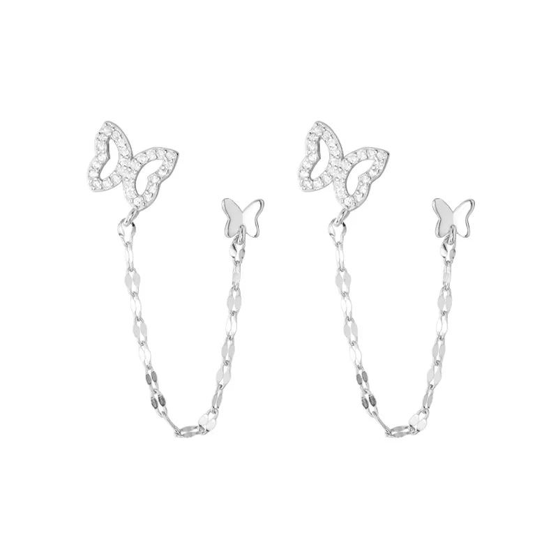 Earrings Silver 925 Double Butterfly Chain Zircon Simple Unique Elegant Jewelry Women's Stud Earrings Pendientes Mujer JHE92