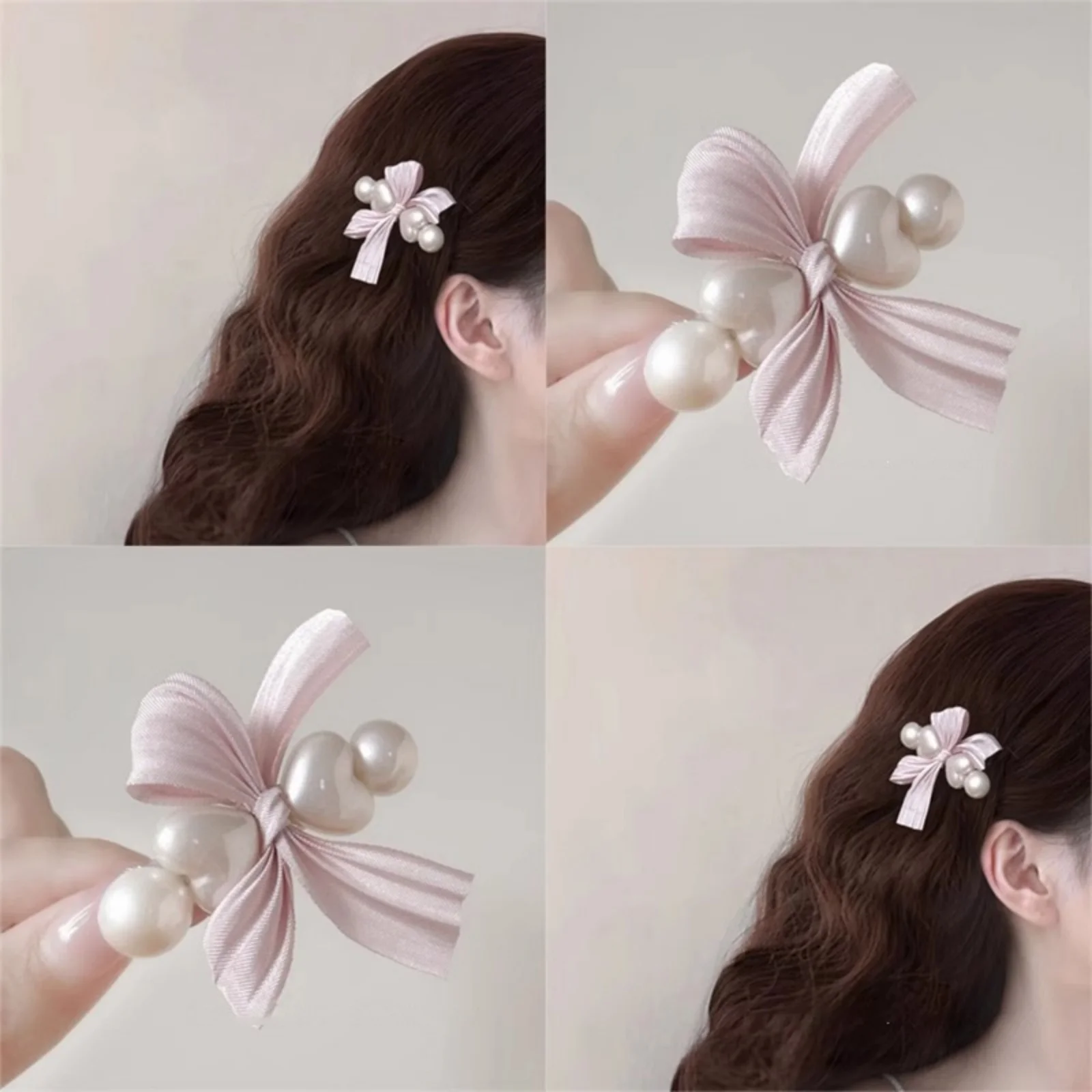 1 x elegante rosa Satin-Schleifen-Haarspange, Haar-Accessoire mit Perlendekor für Frauen, stilvoller Haargriff, perfekt für den täglichen Gebrauch, Party-Geschenk