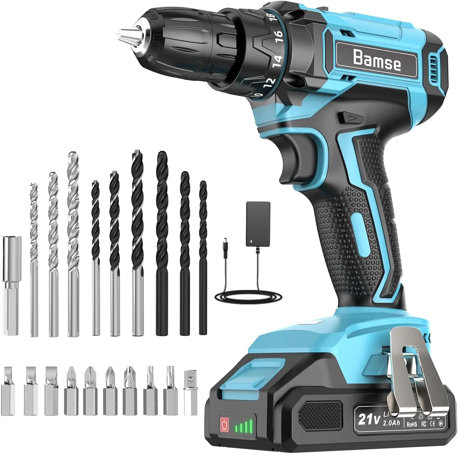 

21V Cordless Drill Set, 2.0Ah Battery, 3/8' Keyless Chuck, 2-Speed, 18+1 Torque, 20-Piece Bits, Blue