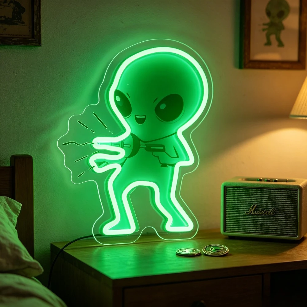 Cartoon Alien LED Neon Sign for Game Room Decor USB Wall Light Dimmable for Sci Fi Boys Bedroom Store Themed Indoor Wall Decor