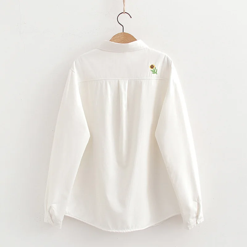 Women's Winter Shirt with Fleece Embroidery Sunflower Long Sleeve White Tops Office Lady Cotton Shirts Optional Size S, M, L, XL