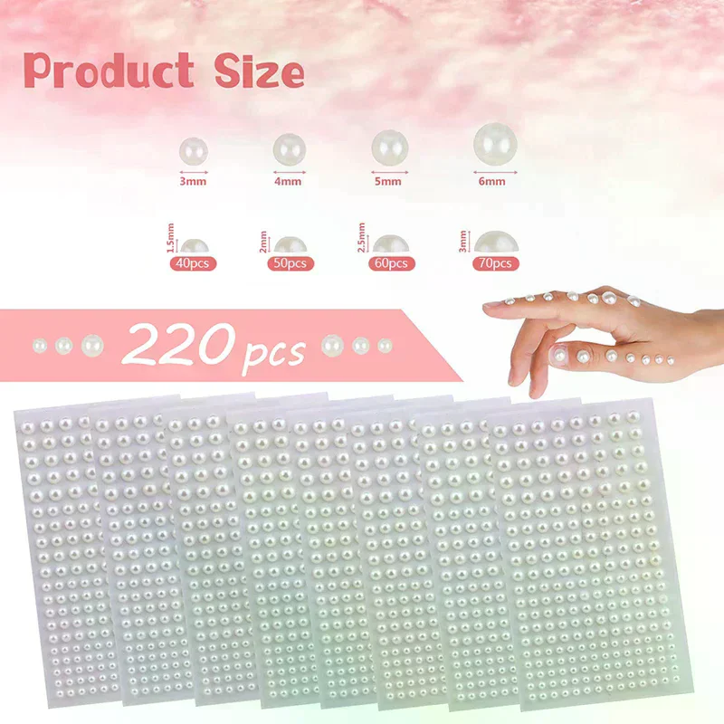 220 Pcs Mix 3mm/4mm/5mm/6mm Pearl Jewelry for Diy Face Beauty Makeup Nail Art Cell Phone Hair Accessories