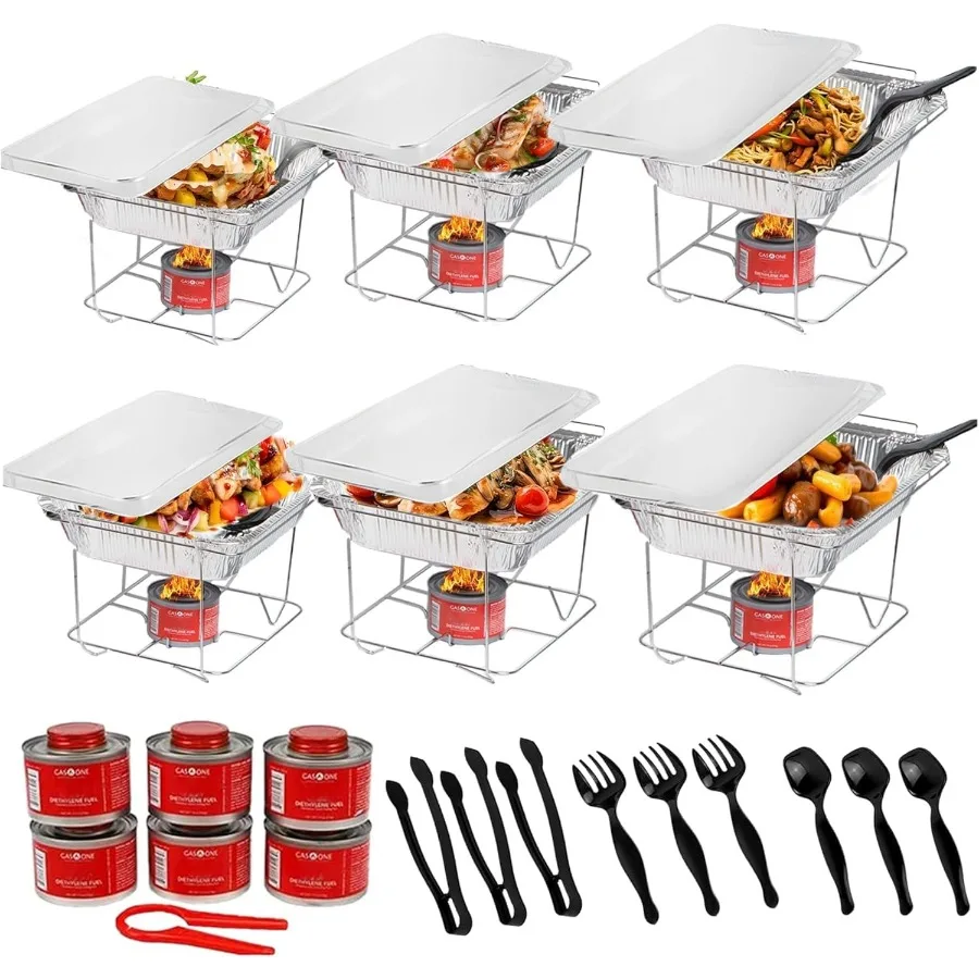 

6 Pack Disposable Chafing Dish Buffet Set with Welded Body Food Warmers for Large Gatherings and Events Complete Set Includes F
